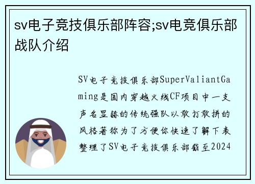 sv电子竞技俱乐部阵容;sv电竞俱乐部战队介绍